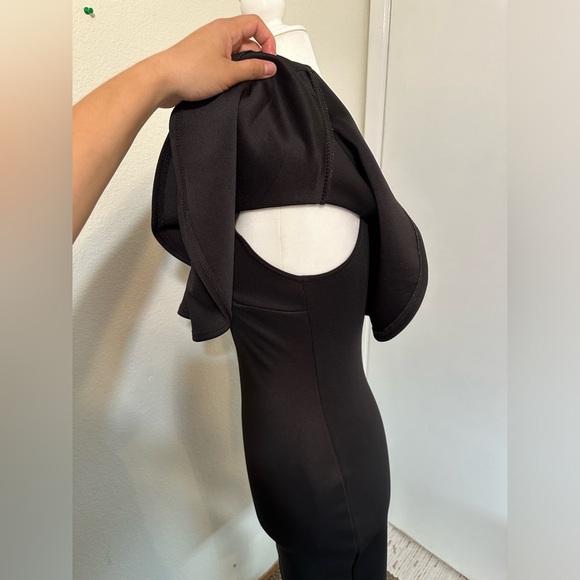 BOOHOO Black Off the Shoulder Double Ruffle Bodycon Midi Dress EUC - Picture 6 of 8